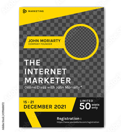 Internet marketer online class seminar workshop event poster vector template black and yellow bold color style