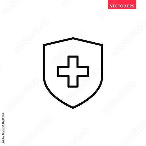 Black single medical shield line icon, simple immune system badge flat design vector pictogram, infographic vector for app logo web website button ui ux interface elements isolated on white background