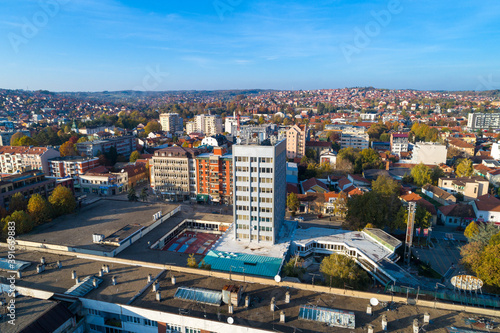 City hall in Valjevo - panorama of city in Serbia. Aerial drone view