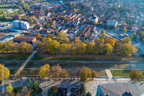 Valjevo - panorama of city in Serbia. Aerial drone view photo