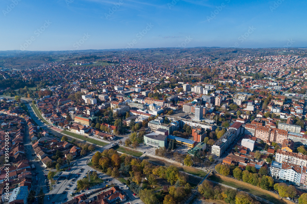 Valjevo - panorama of city in Serbia. Aerial drone view