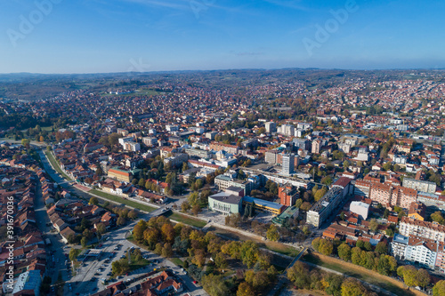 Valjevo - panorama of city in Serbia. Aerial drone view