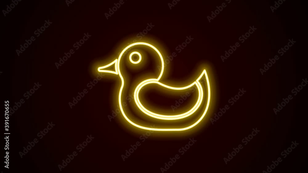 Glowing neon line Rubber duck icon isolated on black background. 4K Video motion graphic animation