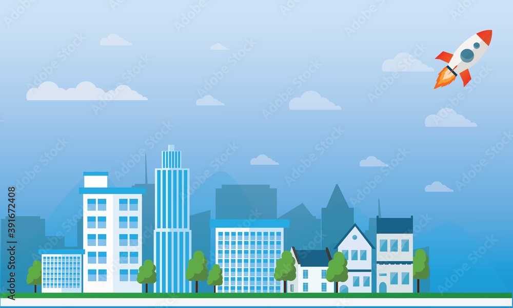 Obraz premium vector flat cartoon panorama - cityscape with different buildings with rocket.