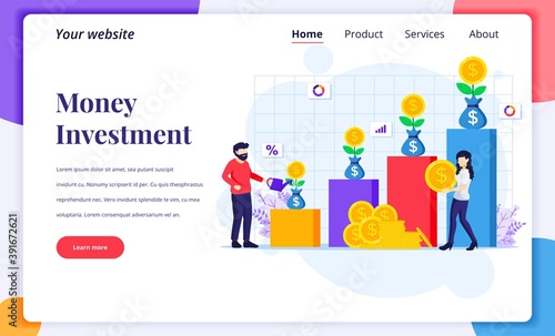 Landing page design concept of Investment, people watering money tree, collect coin, increase financial investment profit. Flat vector illustration