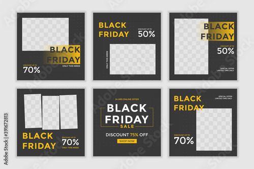 Black friday template post for instagram ad. Social media post for promotion. Design with yellow and black color background.