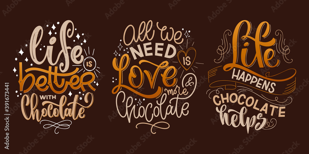 Fototapeta premium Chocolate hand lettering quotes set. Colorful Christmas word composition. Vector design elements for t-shirt, bag, poster, card, sticker and menu