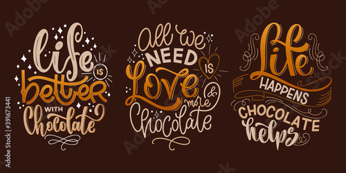 Chocolate hand lettering quotes set. Colorful Christmas word composition. Vector design elements for t-shirt, bag, poster, card, sticker and menu