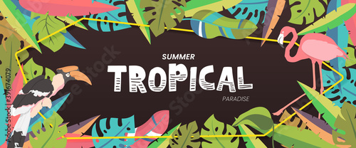 Bright tropical colorful background with jungle plants. Vector exotic with palm leaves.