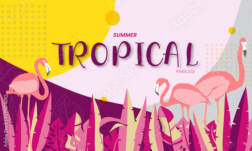 Bright tropical colorful background with jungle plants. Vector exotic  with palm leaves with flamingo.