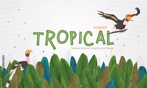 Bright tropical colorful background with jungle plants. Vector exotic with palm leaves with bird.