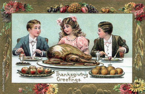 Three well dressed young people at turkey dinner. Vintage Thanksgiving Theme Postcard, restored artwork, color, details enhanced. Festive Autumn illustrations from the past.
