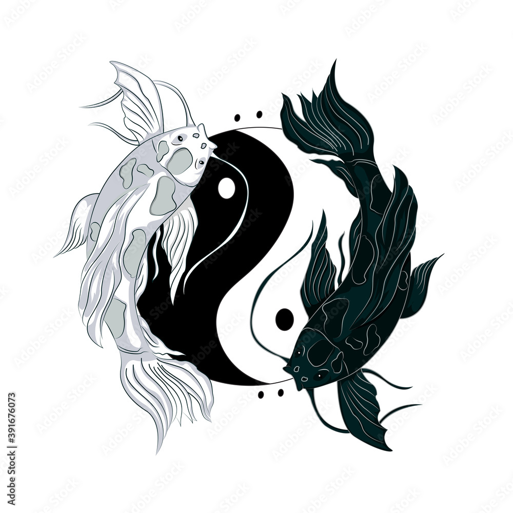 Black and white koi fish illustration forming a ying yang, perfect for clothing designs, posters and more Black and white koi fish illustration forming a ying yang, perfect for clothing designs, posters and more
