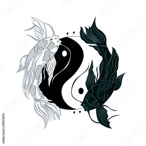 Black and white koi fish illustration forming a ying yang, perfect for clothing designs, posters and more