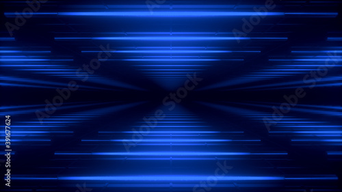 Abstract blue futuristic background. Space from glowing neon light tubes of astera on a black background. Abstract technology. Horizontal view. Led lamp. 3d rendering