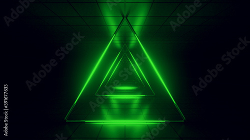 Abstract green futuristic background. Space from glowing neon light tubes of astera on a black background. Abstract technology. Tunnel interior view from a triangle. Led lamp. 3d rendering