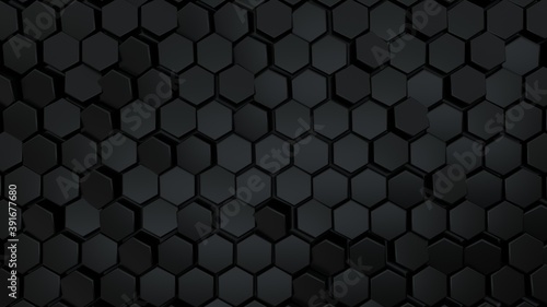 Abstract hexagonal background. A large number of black hexagons. 3d wall texture, hexagonal blocks clusters. Cellular panel. 3d rendering geometric polygons
