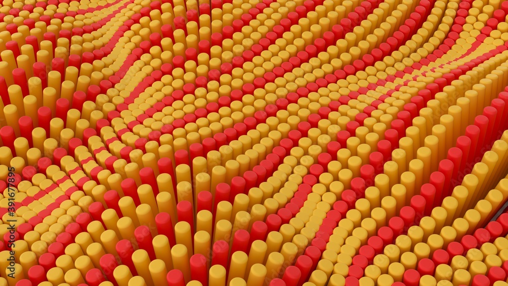 Abstract red orange lines background with cylinders. Ceramic round tiles. Geometry pattern. Random cells. Polygonal glossy surface. Futuristic abstraction. 3d rendering illustration Abstract red orange lines background with cylinders. Ceramic round tiles. Geometry pattern. Random cells. Polygonal glossy surface. Futuristic abstraction. 3d rendering illustration