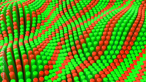Abstract red green lines background with cylinders. Ceramic round tiles. Geometry pattern. Random cells. Polygonal glossy surface. Futuristic abstraction. 3d rendering illustration