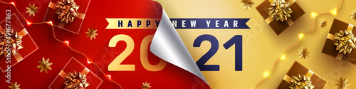 2021 Happy New Year Promotion Poster or banner with open gift wrap paper and gift box in red and gold colors.Change or open to new year 2021 concept.Promotion and shopping template for New Year 2021