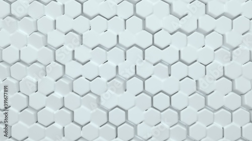 Fototapeta Naklejka Na Ścianę i Meble -  Abstract hexagonal background. A large number of white hexagons. 3d wall texture, hexagonal blocks clusters. Cellular panel. 3d rendering geometric polygons