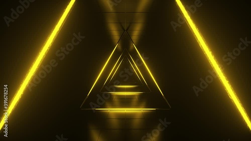 Abstract orange futuristic background. Space from glowing neon light tubes of astera on black background. Technology, VJ concept. Tunnel interior view from a triangle. Led lamp. 3d loop animation 4K photo