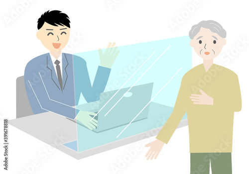 窓口で相談するお年寄りのフラットイラスト（マスク無し）