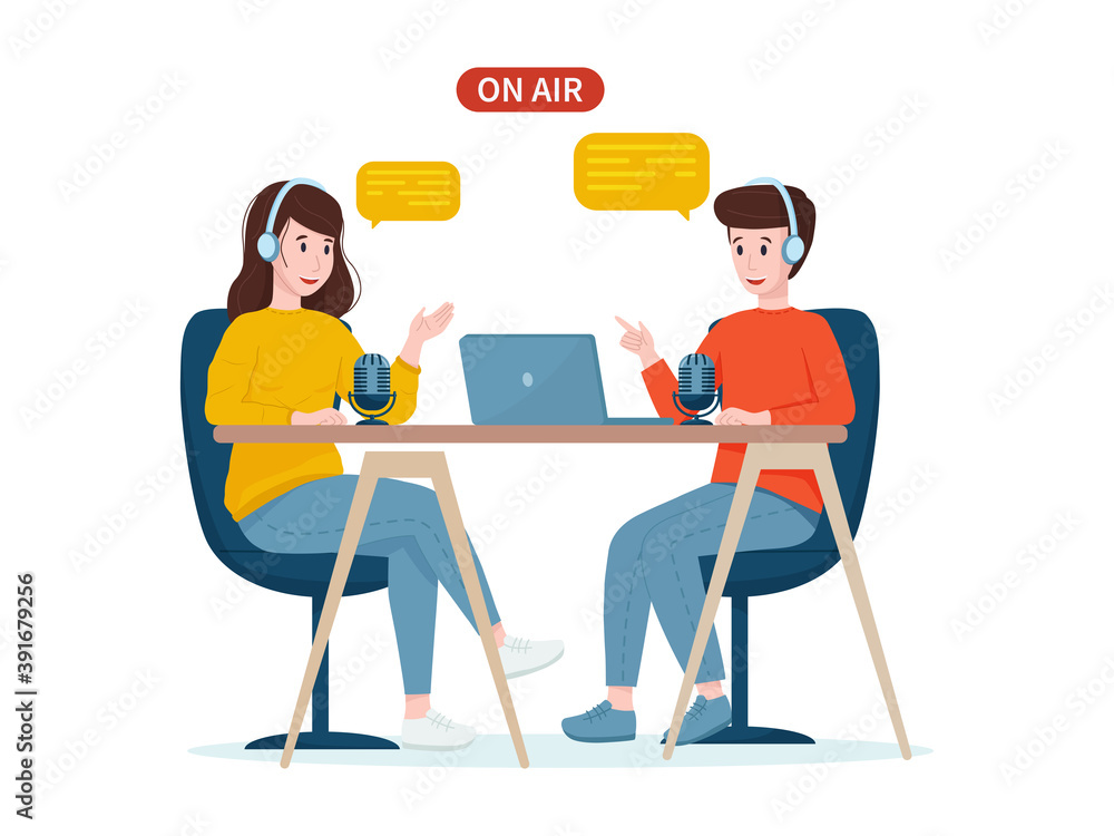 Vector illustration: podcast concept. Podcasters man and woman talking into microphone while recording podcast.