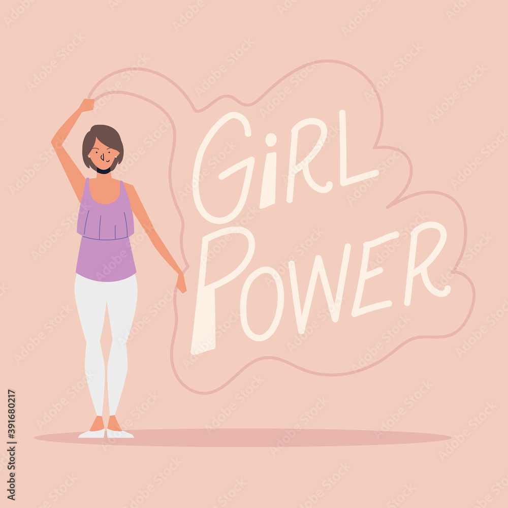girl power, woman with hand drawn lettering card girl power, woman with hand drawn lettering card
