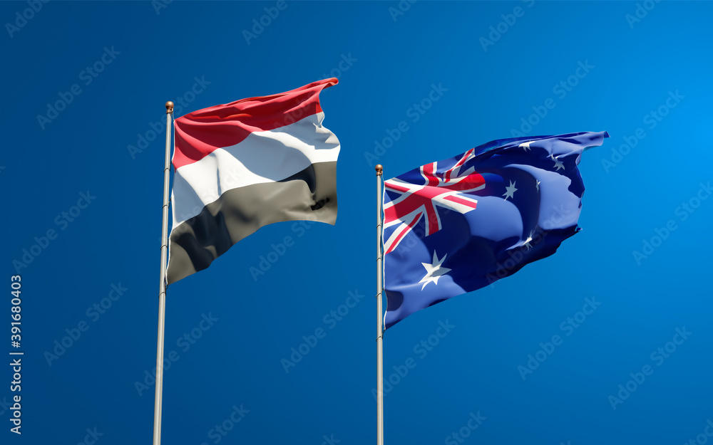 Beautiful national state flags of Yemen and Australia. Beautiful national state flags of Yemen and Australia.