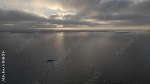 Sunset over Oslofjord, Southern Norway. Drone footage photo