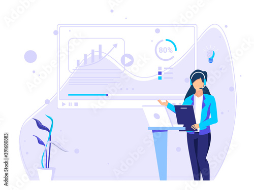 Woman give presentations in big screens. digital work concepts, remote work, and business communications. Modern flat vector illustration.