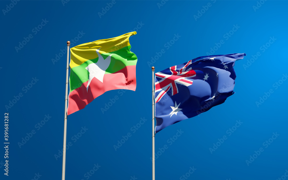 Beautiful national state flags of Myanmar and Australia. Beautiful national state flags of Myanmar and Australia.