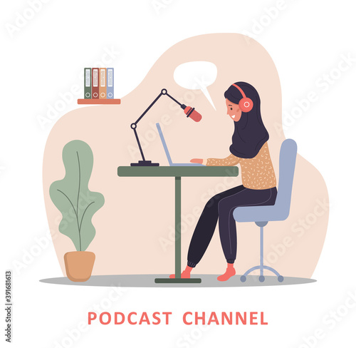 Podcast concept. Islamic and african women in headphones at table recording audio broadcast. Interview with radio host. Vector illustration in flat cartoon style.