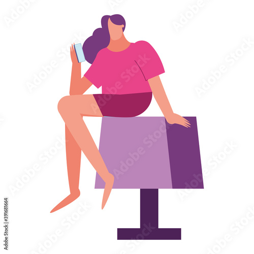 young woman using smartphone seated in lamp with imnsomia