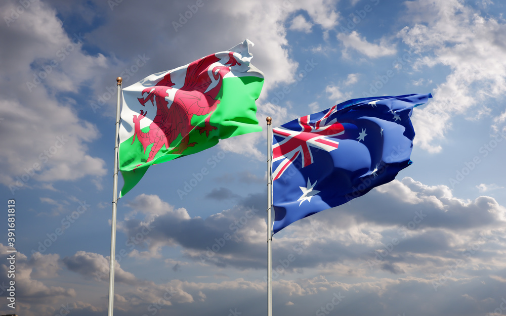 Beautiful national state flags of Wales and Australia. Beautiful national state flags of Wales and Australia.