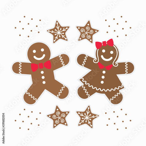 Cute brown gingerbread girl and boy couple cookies set with red bows and stars on white background