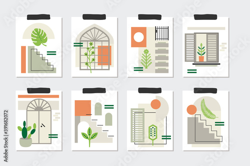 Modern creative abstract windows, stairs, doors, and flowers decoration note cards templates set on light gray background