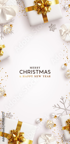 Christmas vertical backgrounds, xmas poster, web banner. Holiday templates cover for social networks, design for and stories. Realistic 3d decorative objects. Happy New year. vector illustration