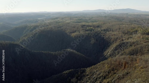 Drone Aerial view of Thale, the Rosstrappen, Hexenstieg, Hexentanzplatz and the Bodetal in the north of the Harz national Park in late autumn at sunset, Germany, Europe photo