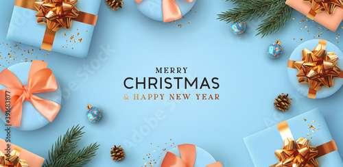 Merry Christmas and Happy New Year. Background Xmas design of realistic gifts box, 3d bauble balls, glitter gold confetti. Christmas poster, greeting cards. Flat lay, top view. Holiday composition
