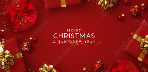 Merry Christmas and Happy New Year. Background Xmas design of realistic gifts box, 3d bauble balls, glitter gold confetti. Christmas poster, greeting cards. Flat lay, top view. Holiday composition