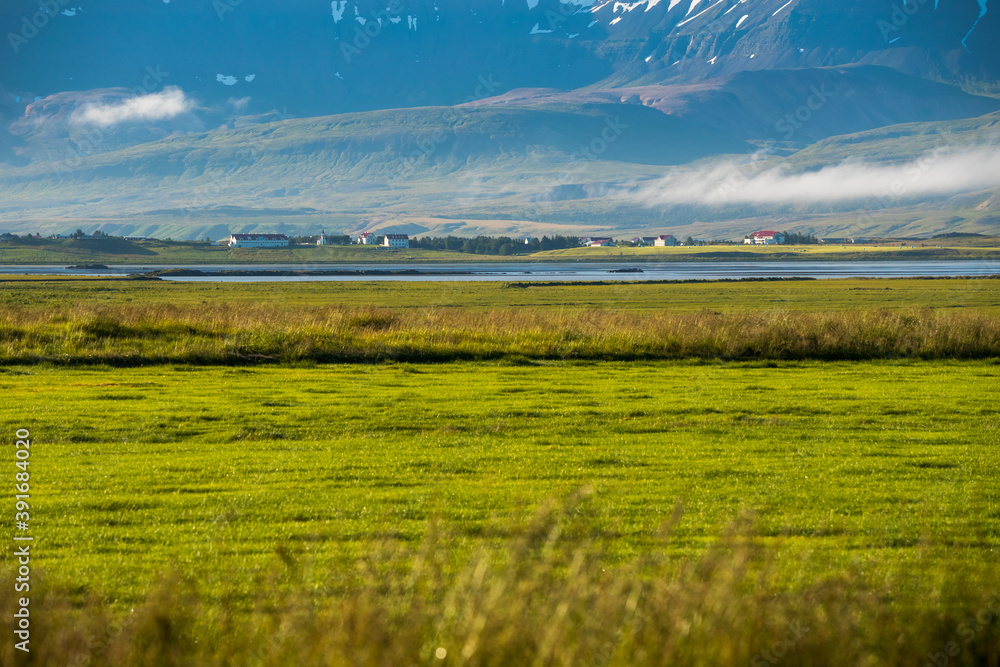 View Panorama at summer of farm Agricultural in Iceland, North Iceland