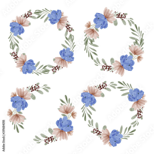 Hand painted watercolor illustration of flower wreath frame set