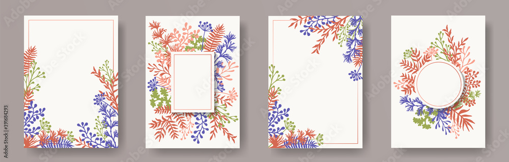Botanical herb twigs, tree branches, leaves floral invitation cards collection. Herbal corners natural cards design with dandelion flowers, fern, lichen, eucalyptus leaves, savory twigs.