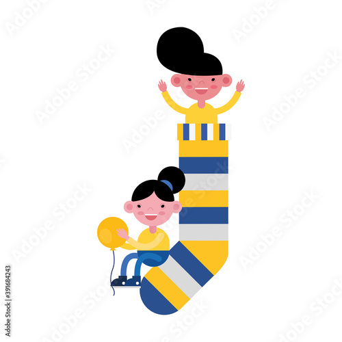 little kids couple in sock with colors stripes and balloon helium