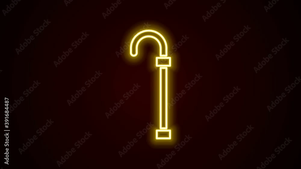 Glowing neon line Walking stick cane icon isolated on black background. 4K Video motion graphic animation Glowing neon line Walking stick cane icon isolated on black background. 4K Video motion graphic animation