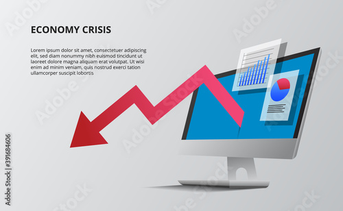 Bearish down economy with red arrow and device computer desktop 3D perspective isometric. data infographic data visualization with chart.