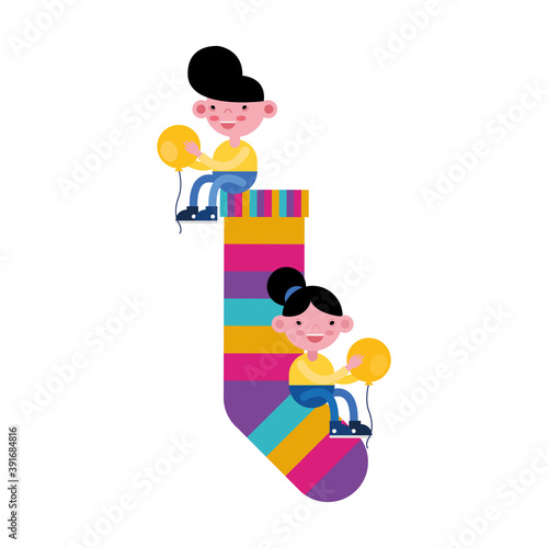 little kids couple in sock with colors stripes and balloon helium
