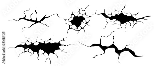 Ground cracks set. Earthquake and ground cracks, hole effect, craquelure and damaged wall texture. Vector illustrations earthquake, crash, destruction.